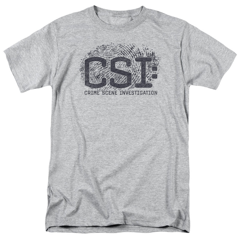 Heather gray t-shirt featuring the CSI logo over a distressed fingerprint with the text 'CSI:' in dark gray.