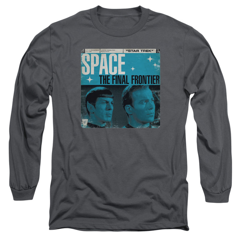Charcoal long-sleeve shirt featuring a blue-tinted photo of Spock and Kirk with the text 'SPACE THE FINAL FRONTIER' in white across the top.