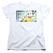 Women's fit white t-shirt from the same Mighty Mouse design, with the rectangular Mighty Mouse graphic and text 'MIGHTY MOUSE' centered on the chest
