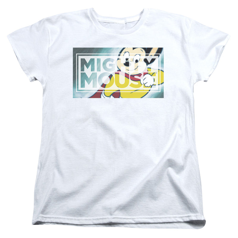 Women's fit white t-shirt from the same Mighty Mouse design, with the rectangular Mighty Mouse graphic and text 'MIGHTY MOUSE' centered on the chest
