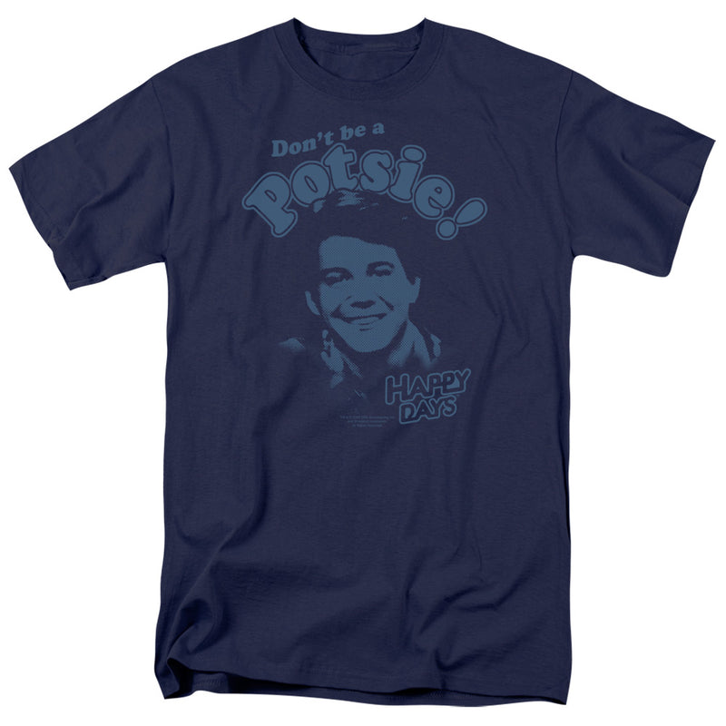Navy short-sleeved t-shirt featuring Potsie with the text 'Don't Be a Potsie!' in blue above and 'Happy Days' in blue beside him.