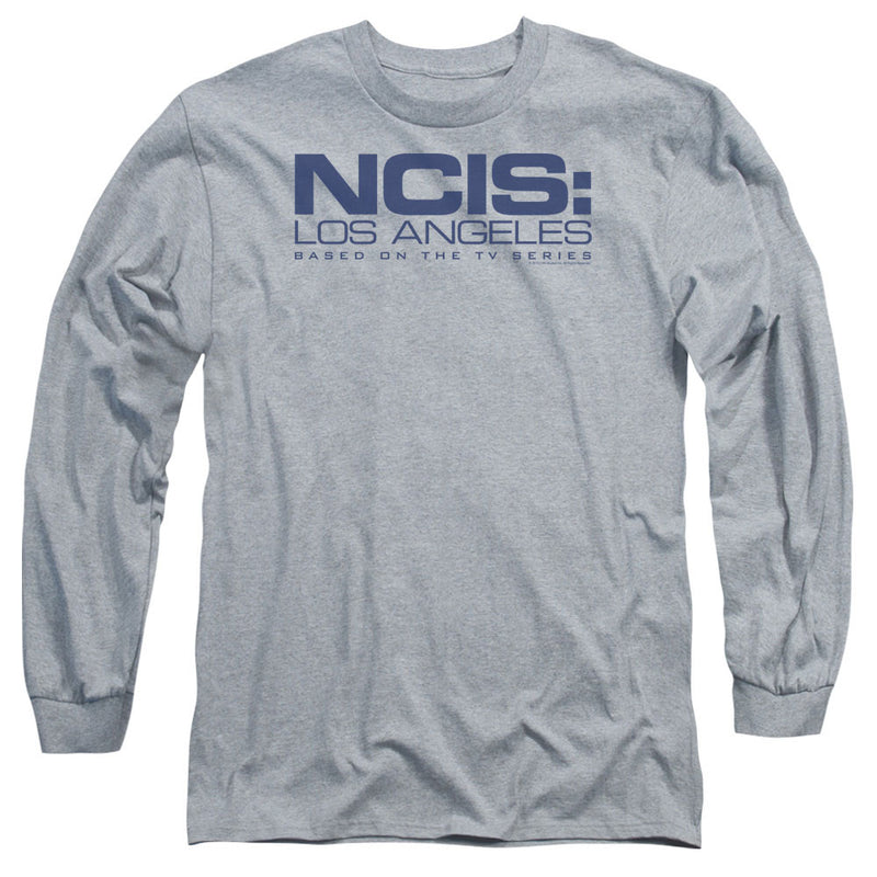 Athletic heather gray long-sleeved t-shirt featuring the NCIS: Los Angeles logo in navy across the chest.