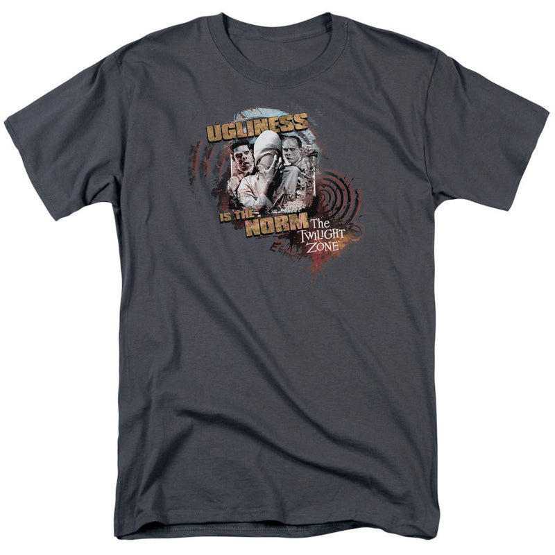 Charcoal short-sleeved t-shirt featuring three faces from The Twilight Zone with the text 'Ugliness Is the Norm' in tan.
