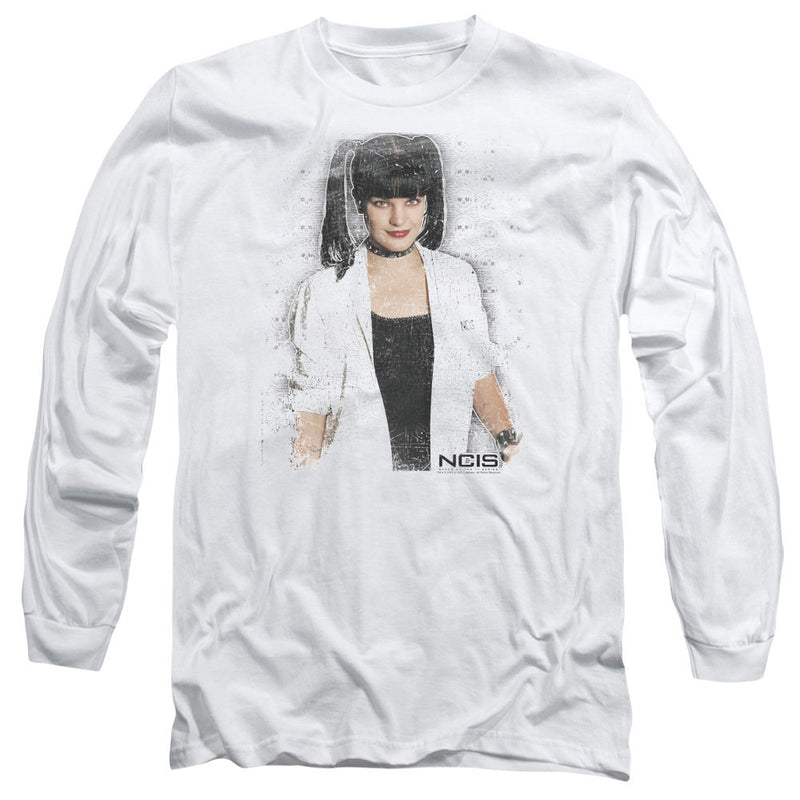 White long-sleeved shirt featuring a distressed photo of Abby in a white lab coat with the text 'NCIS' in black at lower right.
