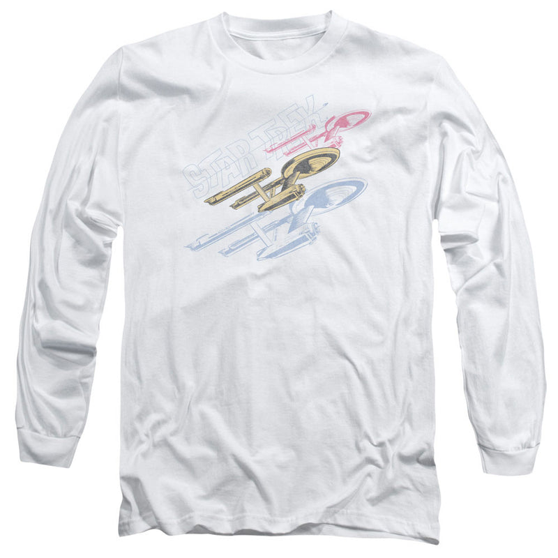 White long-sleeve shirt featuring three Star Trek Enterprise starships in gold, pink, and blue with the text 'STAR TREK' in faded gray behind them.