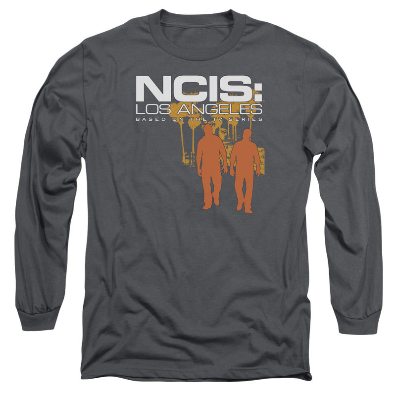 Charcoal long-sleeve shirt featuring orange silhouettes of two walking figures with the text 'NCIS: LOS ANGELES' in white above them.