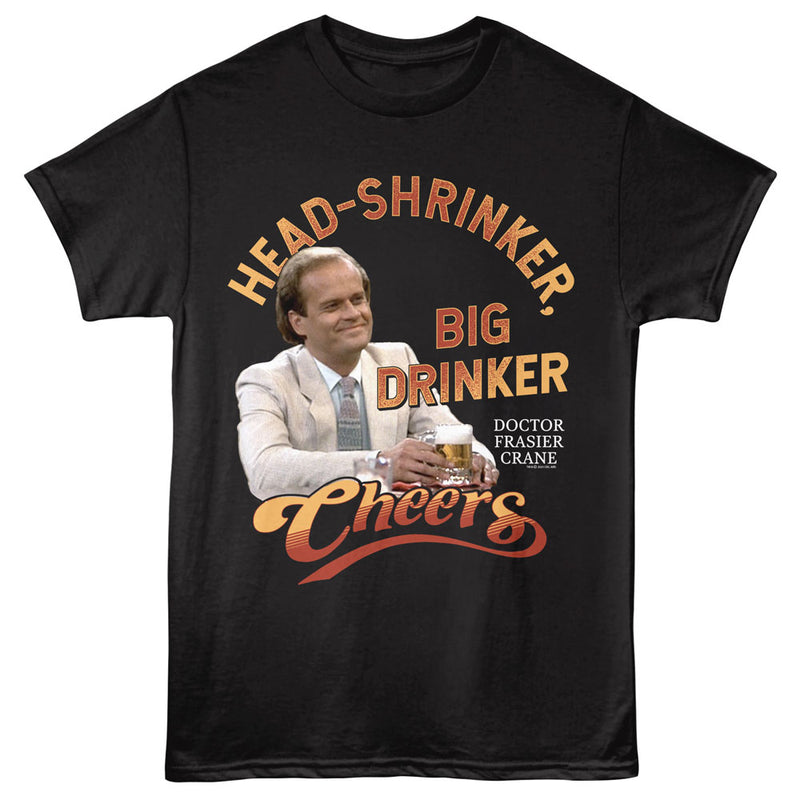 Black t-shirt featuring Frasier Crane holding a beer mug with the text 'Head-Shrinker, Big Drinker' in orange above a red 'Cheers' logo.