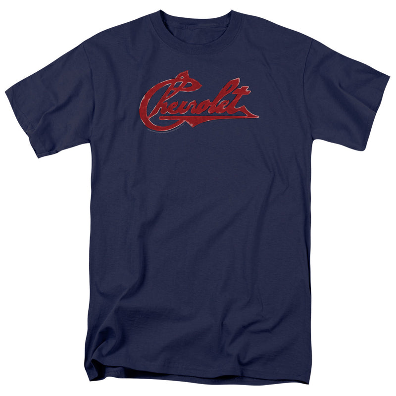 Navy short-sleeved t-shirt featuring the distressed red Chevrolet script logo with the text 'Chevrolet' in red across the chest.