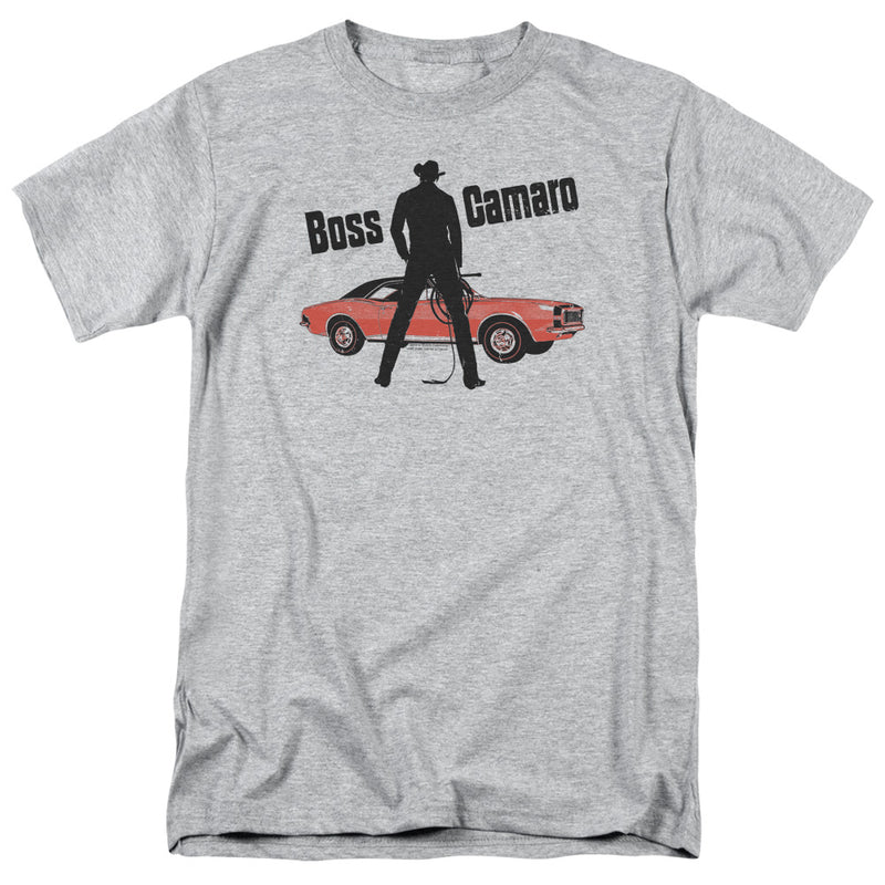 Heather gray short-sleeved t-shirt featuring a black cowboy silhouette beside an orange Camaro with the text 'Boss Camaro' in black above it.