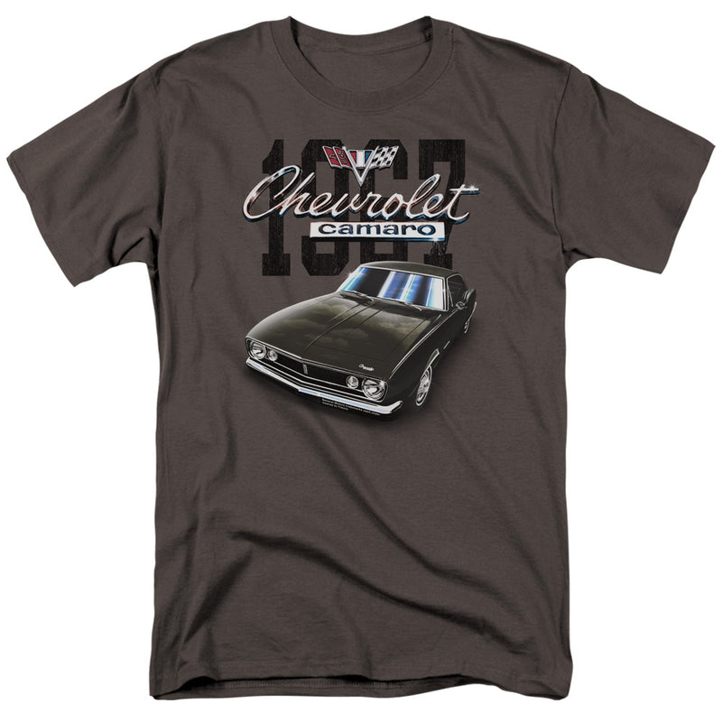 Charcoal t-shirt featuring a black 1967 Camaro with the text 'Chevrolet' in chrome script above 'camaro' in black on white.