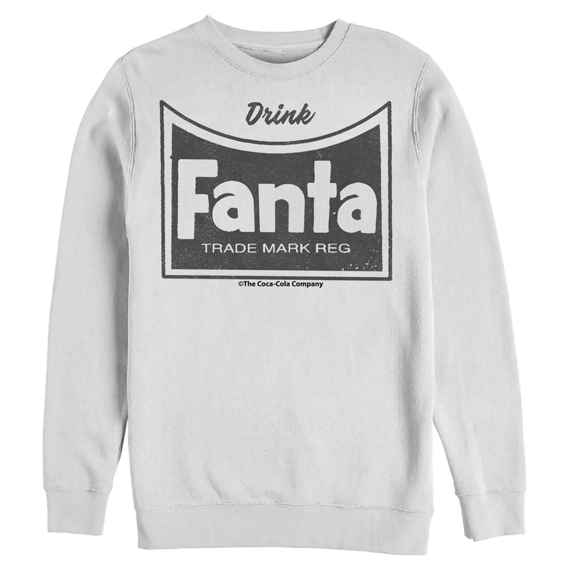 White crew neck sweatshirt featuring a retro Fanta bottle label with the text 'Fanta' in white on a black panel.