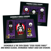 Two black sticker sheets featuring Svengoolie-themed cartoon vehicle stickers, shown on a white background with product title text above and a descriptive caption below.