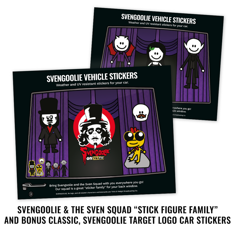 Two black sticker sheets featuring Svengoolie-themed cartoon vehicle stickers, shown on a white background with product title text above and a descriptive caption below.