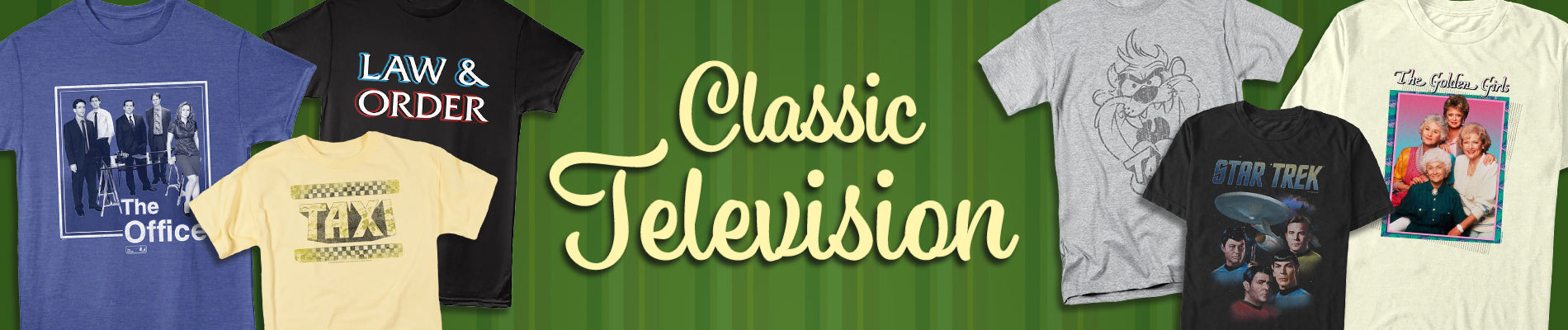 A promotional banner for a Classic Television collection featuring multiple t-shirts. The center has a large yellow text overlay reading 'Classic Television' on a green background, featuring shirts in yellow, black, and blue, each displaying various Classic Television-themed graphics, logos, and illustrations.
