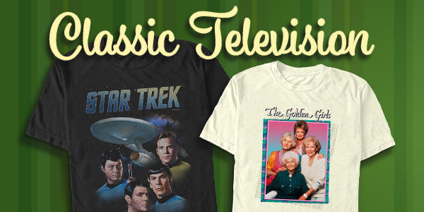 A promotional banner for a Classic Television collection featuring multiple t-shirts. The center has a large yellow text overlay reading 'Classic Television' on a green background, featuring shirts in yellow, black, and blue, each displaying various Classic Television-themed graphics, logos, and illustrations.