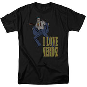 Black short-sleeved t-shirt featuring a comic Clark Kent tearing open his suit with the text 'I LOVE NERDS!' in olive green.