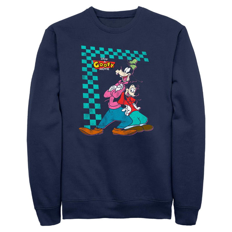 Navy sweatshirt featuring Goof and Max in front of a teal checkered border with the text 'A Goofy Movie' in yellow and red above them.
