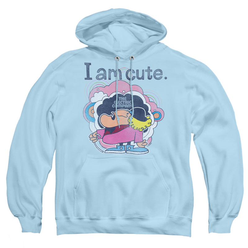 Light blue hoodie featuring an Electric Company cartoon character in a pink shirt holding a yellow phone with the text 'I am cute.' in navy above it.