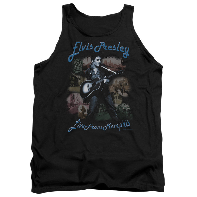 Black tank top with Elvis Presley and a guitar over Memphis scenes, text 'Elvis Presley' above and 'Live From Memphis' below.