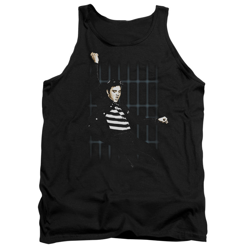 Black sleeveless tank top with a black-and-white image of a singer in a striped prison-style shirt, fist raised, in front of faint bar shapes.
