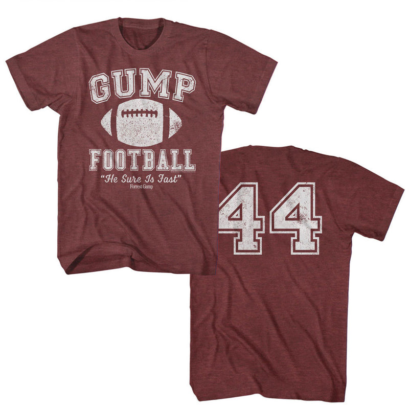 Front and back of maroon heather t-shirt featuring a white football with the text 'Gump Football' above it and the number 44 on the back