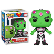Green Brainiac Funko POP action figure in a black and white suit with pink accents, shown beside its box with the text 'BRAINIAC' in white on a red label.