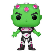 Figure only, without packaging, of the green Brainiac Funko POP showing its front with pink-accented black and white suit and pink-jeweled head.