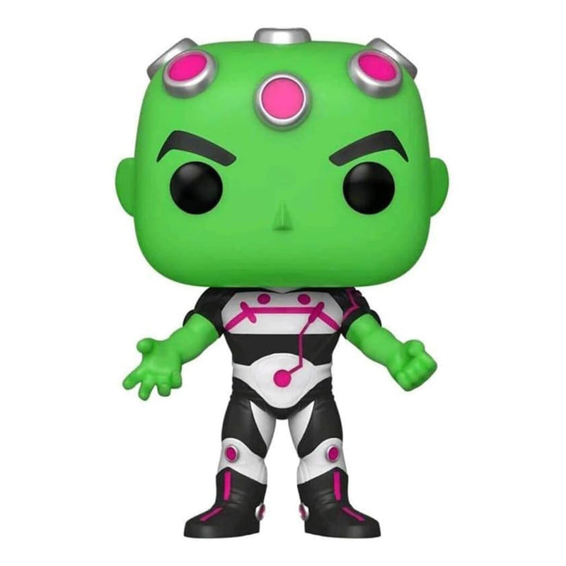 Figure only, without packaging, of the green Brainiac Funko POP showing its front with pink-accented black and white suit and pink-jeweled head.