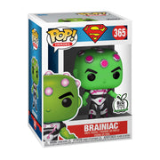 Angled view of the Brainiac Funko POP box with a Big Apple Collectibles exclusive sticker on the front and the figure visible through the window.