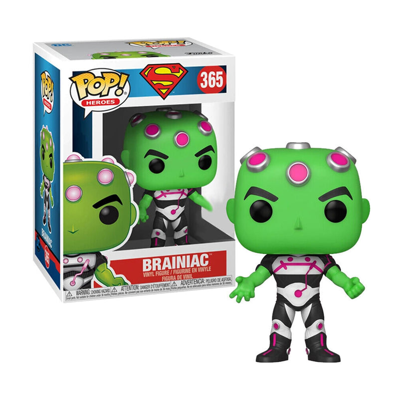 Front of the Brainiac Funko POP box showing the Superman logo, number 365, and the text 'BRAINIAC' on a red label, with the figure beside it.