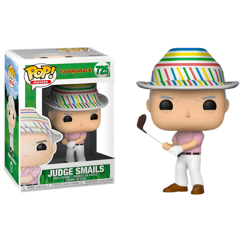 Pink and white Funko POP action figure of Judge Smails featuring a striped hat and golf club, next to its box with the text 'Caddyshack' above it.