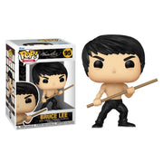 Funko Pop vinyl figure of Bruce Lee holding a wooden staff, shown beside its box with the text 'BRUCE LEE' in gold on the box below it