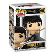 Three-quarter view of the Bruce Lee Funko Pop figure in its box, with a close-up of the figure's face on the side panel