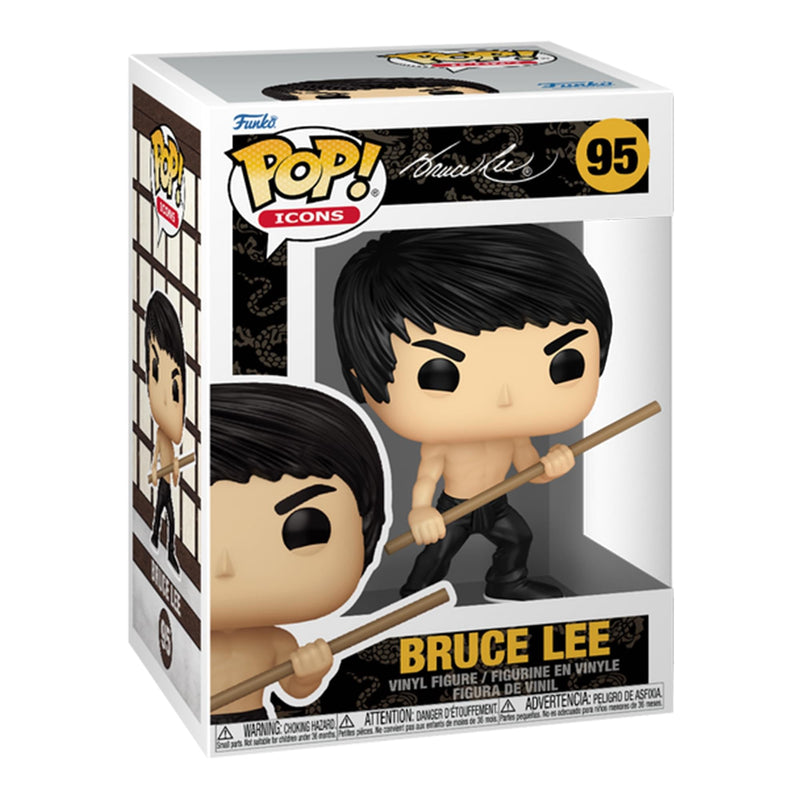 Three-quarter view of the Bruce Lee Funko Pop figure in its box, with a close-up of the figure's face on the side panel