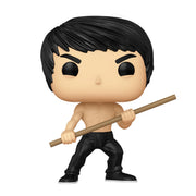 Straight-on view of the Bruce Lee Funko Pop figure with a wooden staff held across its body, on a plain white background