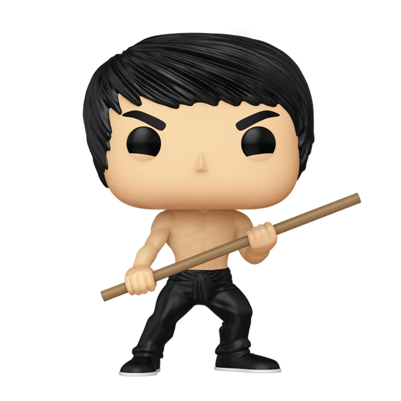 Straight-on view of the Bruce Lee Funko Pop figure with a wooden staff held across its body, on a plain white background