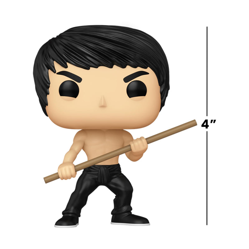 Scale shot of the Bruce Lee Funko Pop figure beside a vertical line marking its height at 4 inches