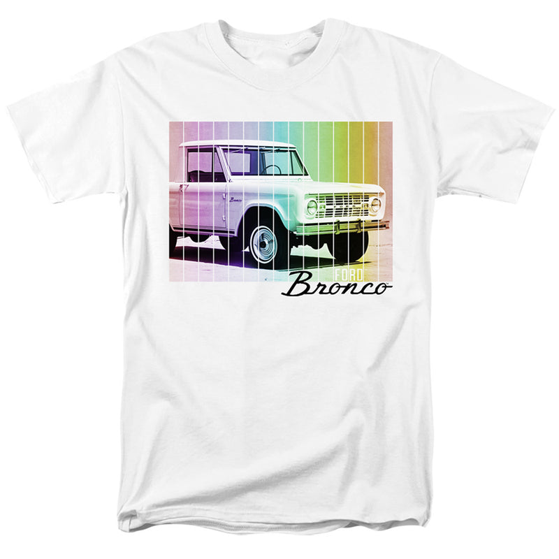 White short-sleeved t-shirt featuring a classic Ford Bronco in a rainbow grid with the text 'Bronco' in black below it.