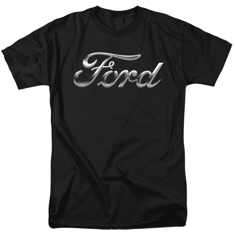 Black short-sleeved t-shirt featuring the Ford script logo in chrome-effect silver lettering across the chest.