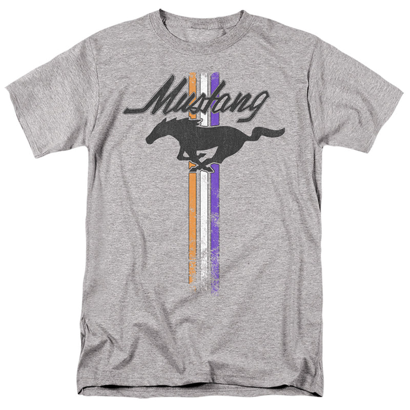 Athletic heather gray t-shirt featuring a black running horse with 'Mustang' text above orange, white, and purple stripes.