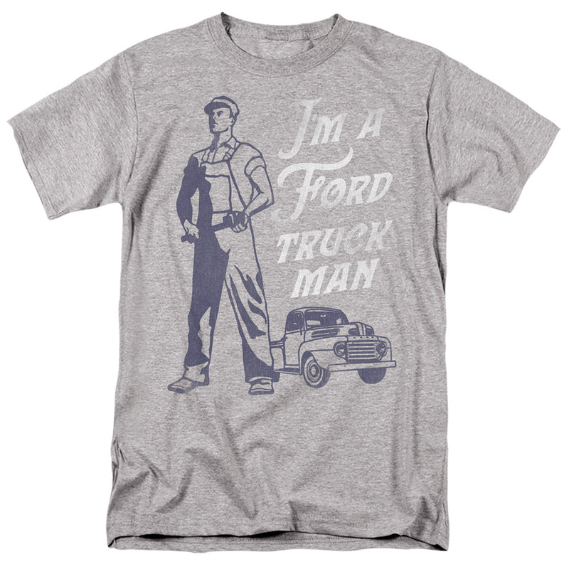 Heather gray t-shirt featuring a vintage mechanic in overalls beside a Ford pickup with the text 'I'M A FORD TRUCK MAN' in white.