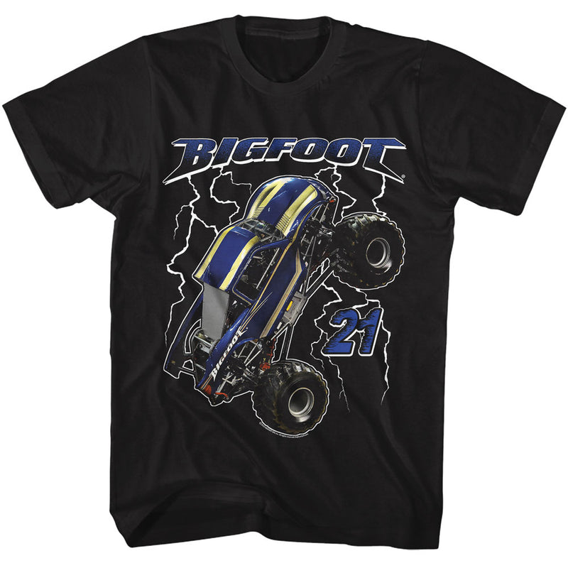 Black short-sleeved t-shirt featuring a blue and gold Bigfoot monster truck popping a wheelie, with 'BIGFOOT' text above it.