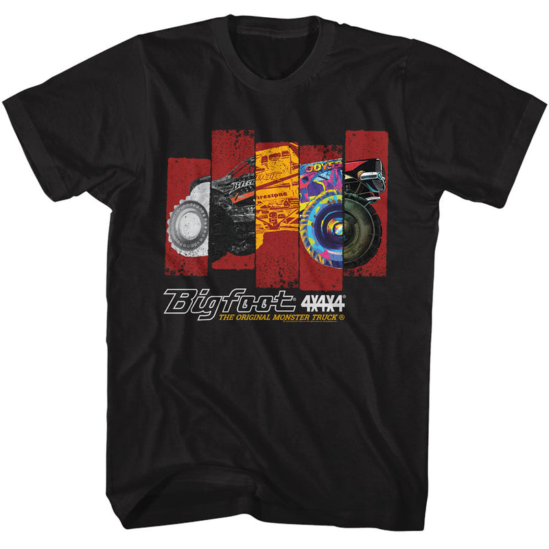 Black t-shirt featuring cropped Bigfoot monster truck images over five red bars with the text 'Bigfoot 4x4x4' in white below.