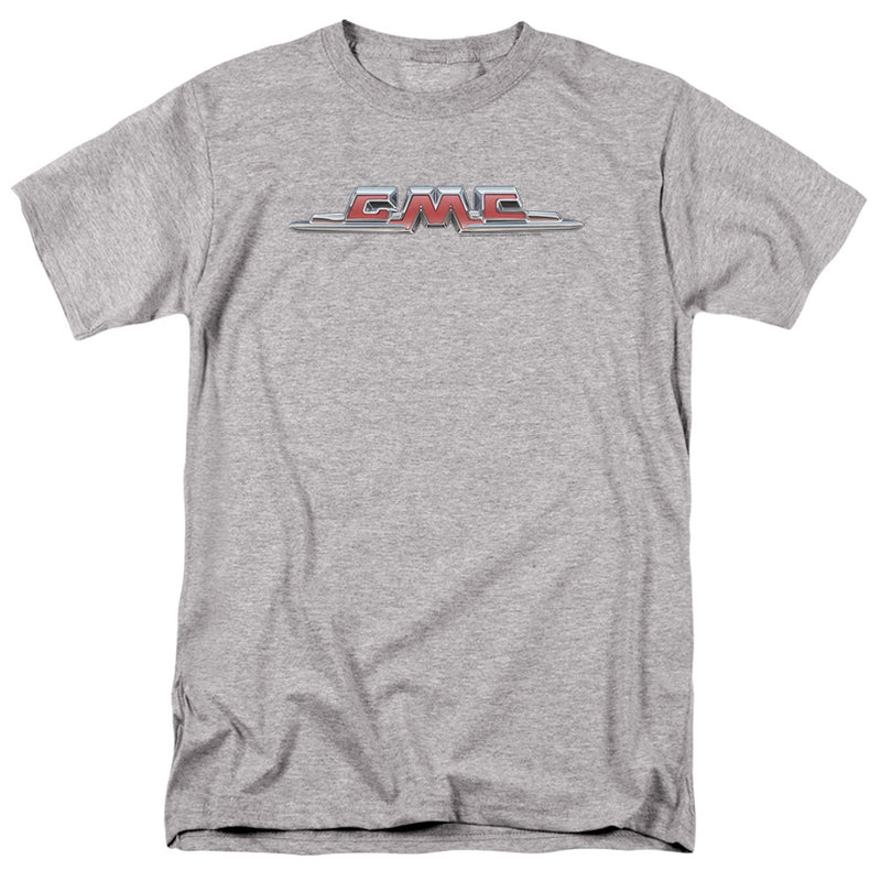 Athletic heather gray short-sleeved t-shirt featuring the chrome GMC logo with the text 'GMC' in red and silver above a chrome underline.