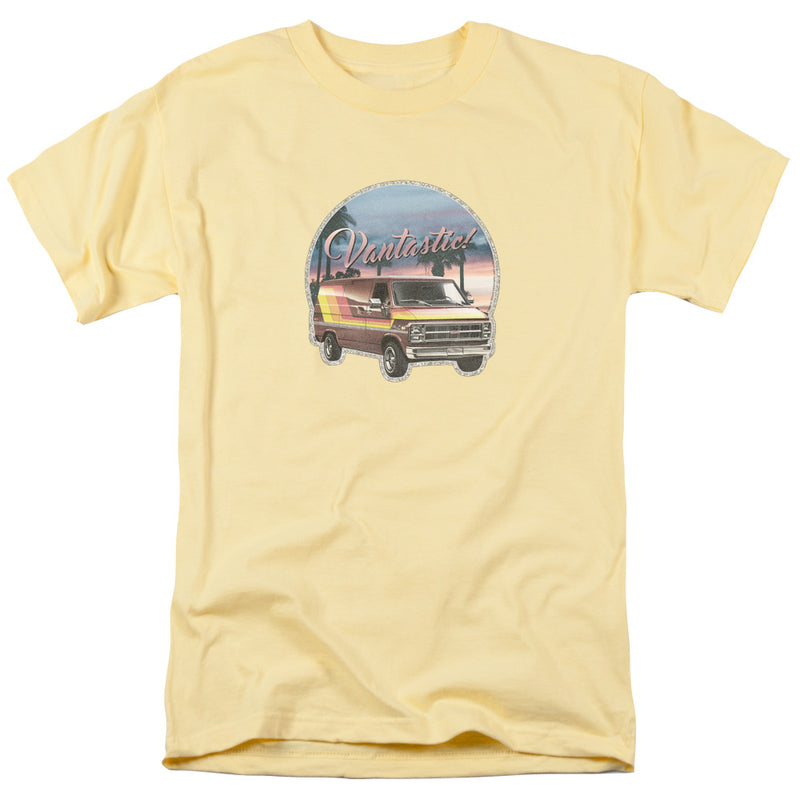 Banana yellow t-shirt featuring a GMC van against a sunset with palm trees and the text 'Vantastic!' in pink script above it.