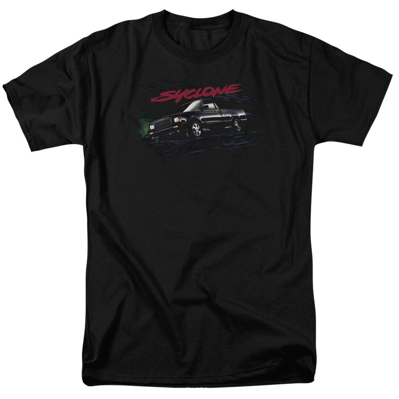 Black short-sleeved t-shirt featuring an illustrated black GMC Syclone pickup truck with the text 'SYCLONE' in red above it.