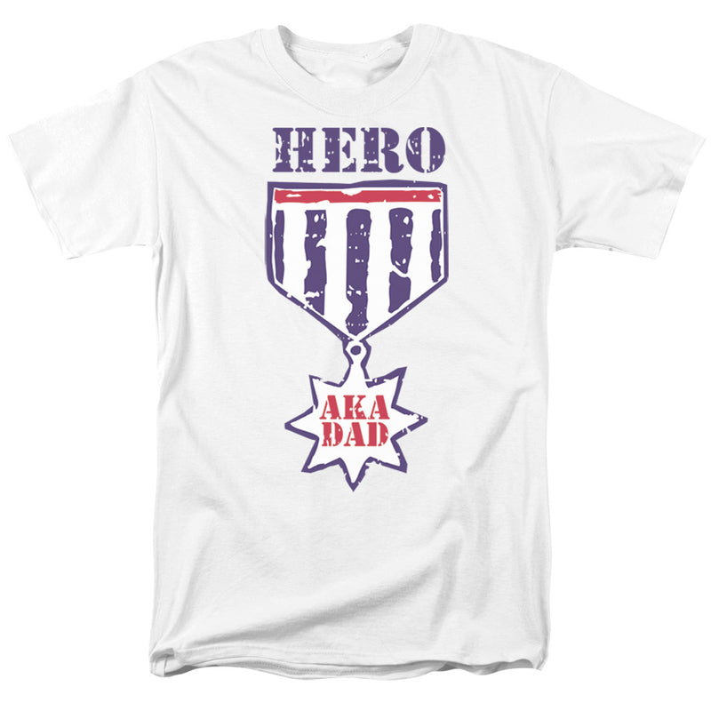 White t-shirt featuring a purple and white striped medal graphic with the text 'HERO' above and 'AKA DAD' in red below.