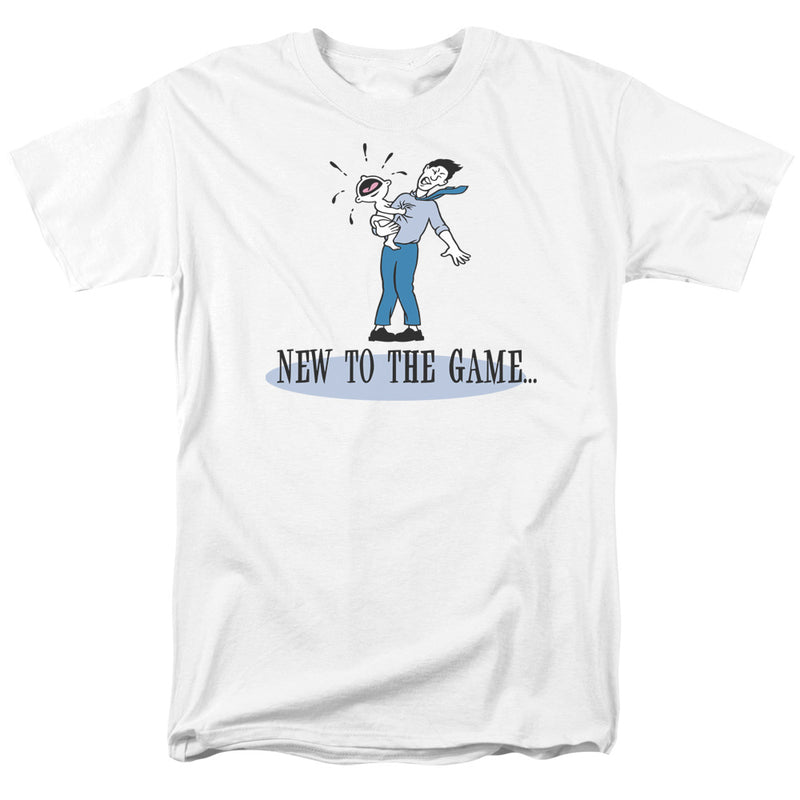 White short-sleeved t-shirt featuring a cartoon man in blue holding a screaming child with the text 'NEW TO THE GAME...' in black below.