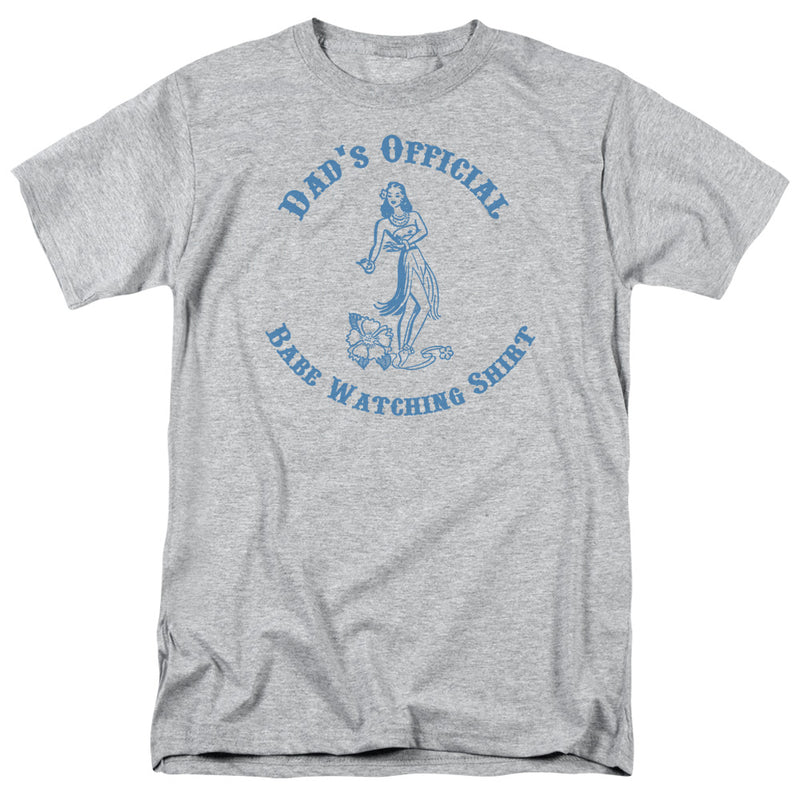 Heather gray short-sleeved t-shirt featuring a blue hula dancer with the text 'DAD'S OFFICIAL BABE WATCHING SHIRT' in blue.