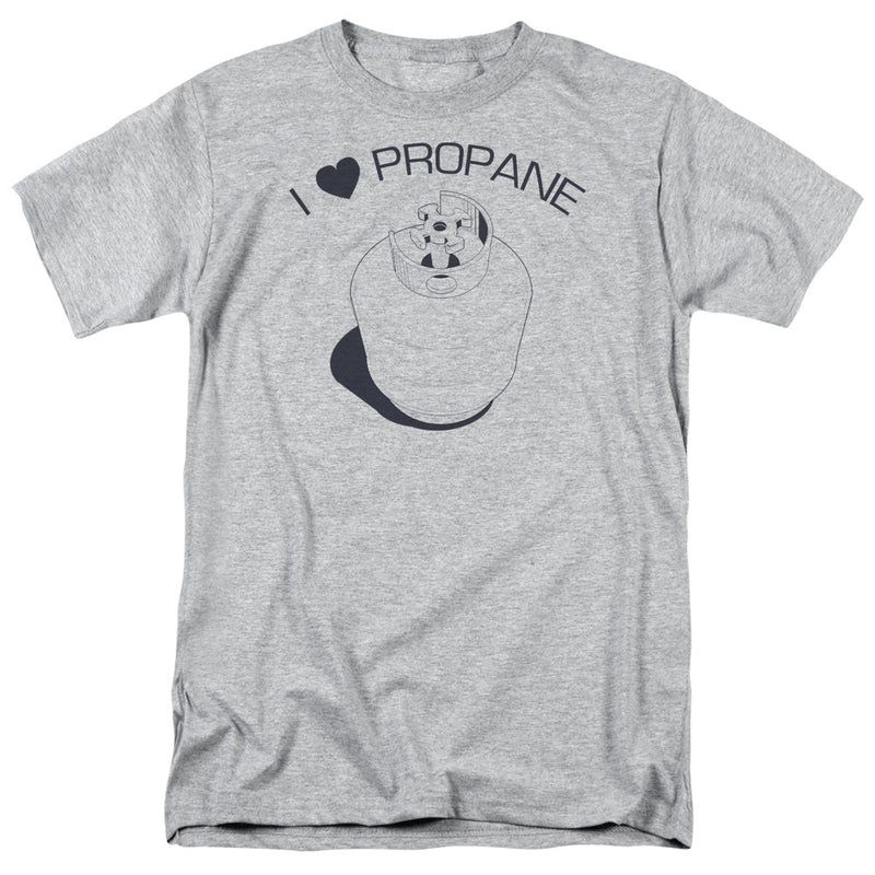 Heather gray short-sleeved t-shirt featuring a dark navy line drawing of a propane tank with the text 'I ♥ PROPANE' in dark navy arched above it.